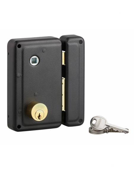 Serratura verticale doppia entrata con pomolo, destra, 76x130 mm, asse 45 mm, nero, 3 chiavi - THIRARD