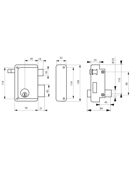 Serratura verticale a tiraggio, doppia entrata, destra, 76x130 mm, asse 45 mm, nero, 3 chiavi - THIRARD