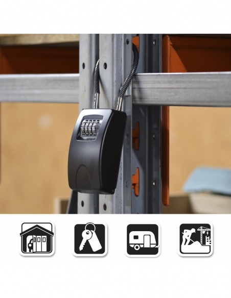 Cassetta porta chiavi a combinazione, 4 cifre, acciaio, 47x75 mm, con cavo, nero - THIRARD