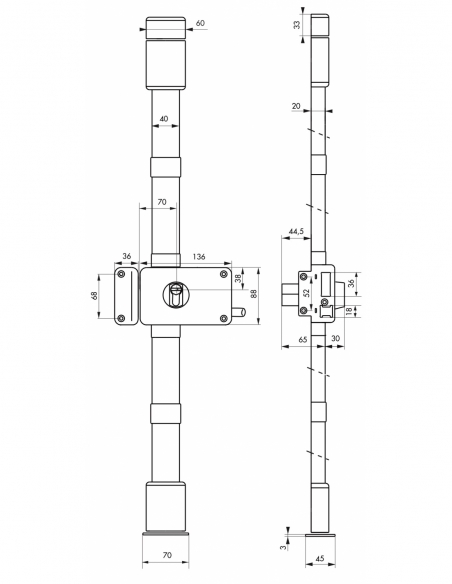 Serratura Horga A2P* da applicare sinistra 3 punti, Transit2 30x65 mm, marrone, 4 chiavi - THIRARD