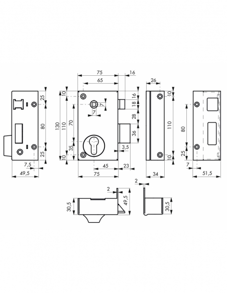 Serratura verticale da applicare doppia entrata destra 75x130 mm, interasse 45 mm, nero - THIRARD