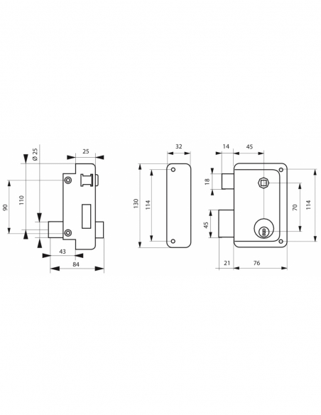 Serratura da applicare a doppio cilindro 45 mm, 5 perni, con quadro maniglia, 76 x 130 mm, sinistra – THIRARD