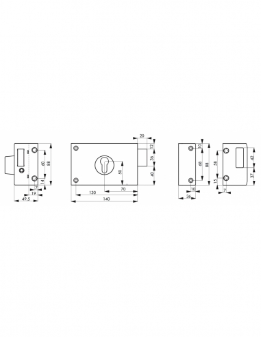 Serratura da applicare doppia entrata per porta cantina, solo catenaccio, destra, 140x88 mm, entrata 70 mm, nero - THIRARD