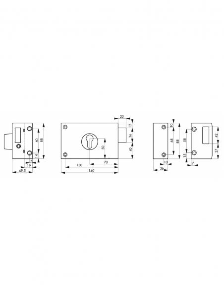 Serratura da applicare doppia entrata per porta cantina, solo catenaccio, destra, 140x88 mm, entrata 70 mm, nero - THIRARD