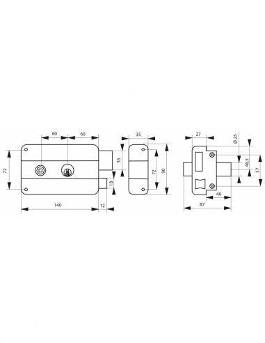 Serratura orizzontale da applicare doppia entrata destra 140x90 mm, entrata 60 mm, nero, 3 chiavi - THIRARD