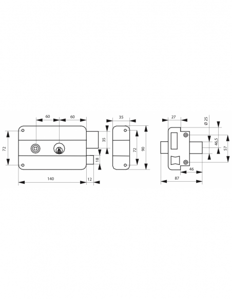 Serratura orizzontale da applicare doppia entrata destra 140x90 mm, entrata 60 mm, nero, 3 chiavi - THIRARD