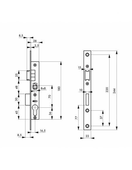 Serratura da incasso a cilindro per serramenti metallici, entrata 16,5 mm, frontale quadro, inox - THIRARD