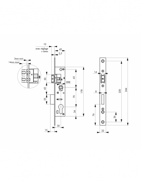 Corpo serratura a cilindro per porta d’ingresso, asse 30 mm, interasse 70 mm - THIRARD