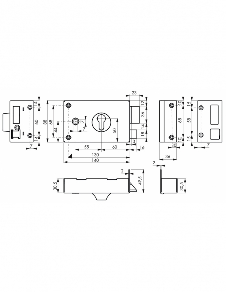 Serratura orizzontale doppio ingresso a cilindro passante, destro, 60 mm, 140 x 88 mm, nero - THIRARD