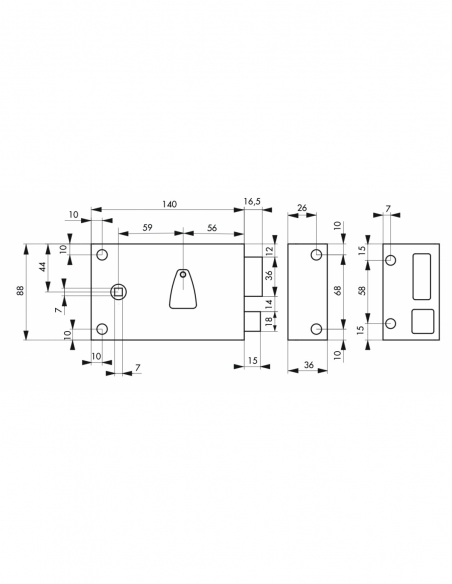 Serratura orizzontale a cilindro passante, 6 scanalature, destro, 56 mm, 140 x 88 mm, nero, 2 chiavi - THIRARD