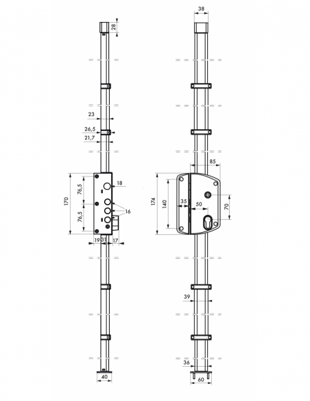 Corpo serratura 3 punti Melissa per porta d’ingresso, sinistro, da applicare, a cilindro passante, asse 50 mm, oro - THIRARD