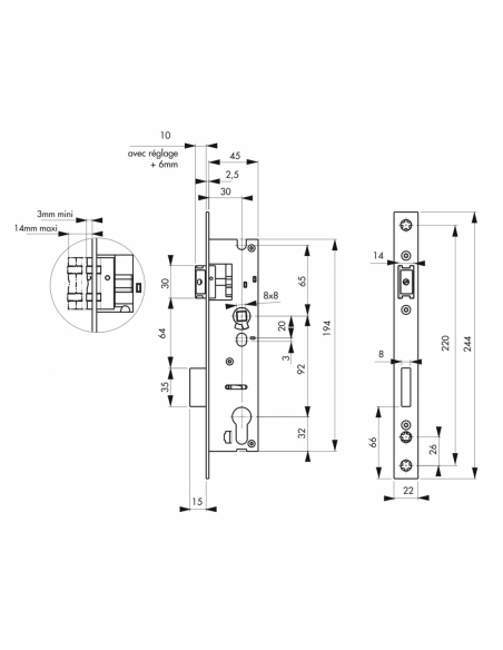 Corpo serratura da incasso a cilindro per infissi metallici, asse 30 mm, interasse 92 mm, estremità quadrate, inox - THIRARD