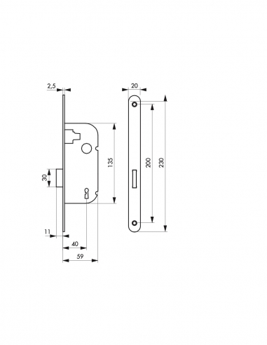 Vista aggiuntiva 1 di Serratura asse 40 mm con catenaccio e scrocco, quadro 7 x 10 mm, codice V/BR – THIRARD