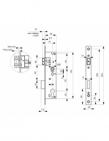 Corpo serratura da incasso a cilindro per porta d’ingresso, asse 21 mm, interasse 92 mm, estremità quadrate - THIRARD