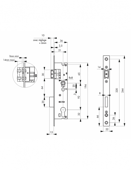 Corpo serratura da incasso a cilindro per porta d’ingresso, asse 21 mm, interasse 92 mm, estremità quadrate - THIRARD