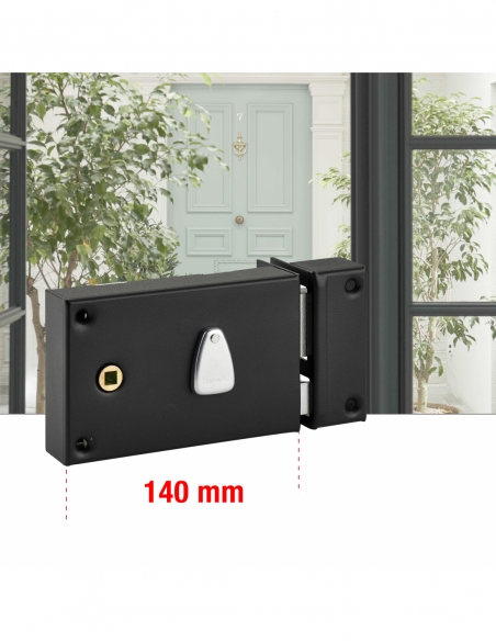 Serratura orizzontale da applicare a cilindro passante per cancello, destra, asse 56 mm, 140 x 82 mm, nero, 2 chiavi - THIRARD