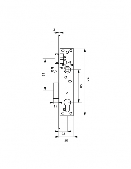 Corpo serratura da incasso a cilindro per infissi metallici, asse 25 mm, estremità quadrate, zincato - THIRARD