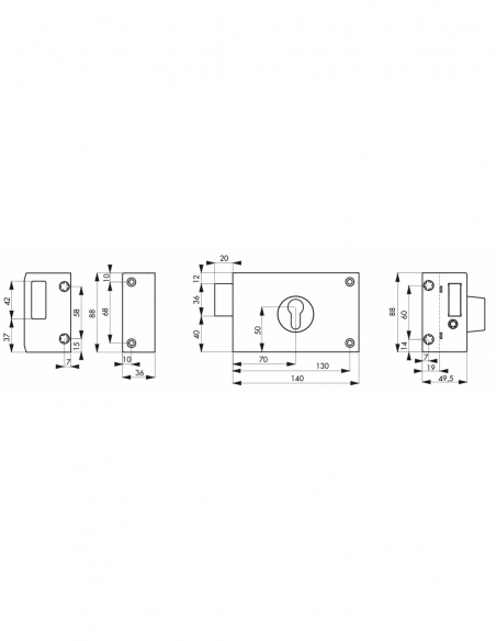 Serratura a doppio ingresso da applicare per cantina, solo catenaccio, sinistra, 70 mm, 140 x 88 mm, nero - THIRARD