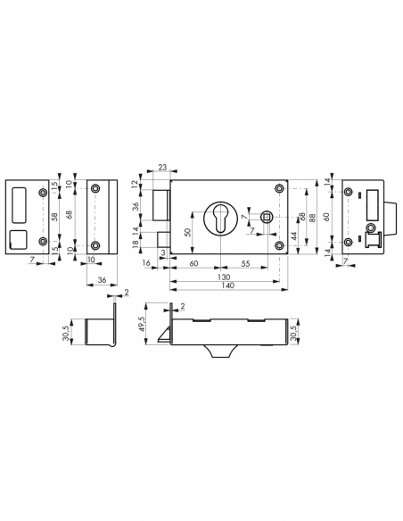 Serratura orizzontale doppio ingresso sinistra, asse 60mm, 140x88mm, nera - THIRARD