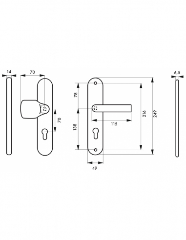 Set maniglie di sicurezza paliere per porta d’ingresso, leva e alettoni, interasse 216 mm, anodizzato inox - THIRARD