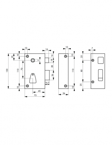 Serratura verticale a cassetta 6 scanalature a pomolo, destra, asse 45mm, 75x130mm, quadretto 7mm, nera, 2 chiavi - THIRARD