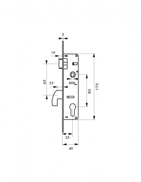 Serratura incassata a gancio con cilindro per porta metallica, asse 25 mm, estremità quadrate, 3 chiavi - THIRARD