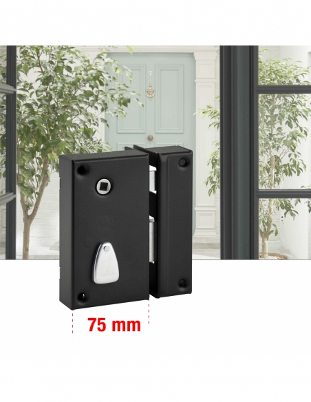 Serratura verticale a cassetta 6 scanalature a tiraggio, destra, asse 45 mm, 75x130 mm, quadretto 7 mm, nera, 2 chiavi - THIRARD