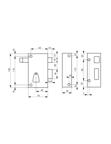 Serratura verticale a cassetta 6 scanalature a tiraggio, destra, asse 45 mm, 75x130 mm, quadretto 7 mm, nera, 2 chiavi - THIRARD
