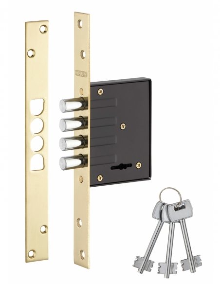 Serratura incassata per porta d’ingresso, asse 40mm, 4 perni tondi, piastra in ottone, 3 chiavi - THIRARD