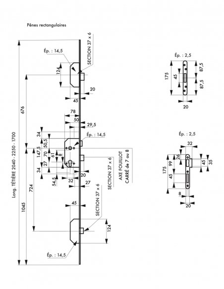 Serratura multipunto da incasso 3 punti NF QC TRIMAX A2P* con perni rettangolari, senza riscontri né cilindro - THIRARD