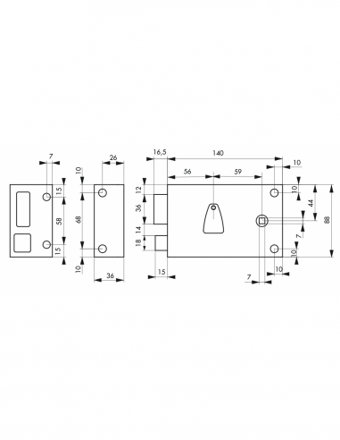 Serratura orizzontale da applicare a pomolo per ingresso, sinistra, asse 56mm, quadrato 7mm, 140x88mm, nera, 2 chiavi - THIRARD