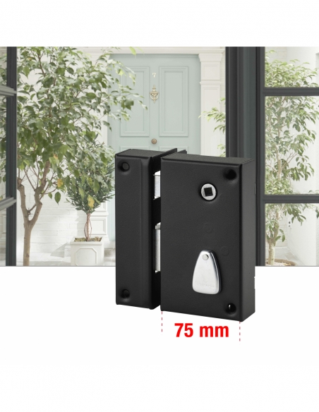 Serratura verticale da applicare 6 gole a tirante, sinistra, entrata 45 mm, quadro 7 mm, 75x130 mm, nera, 2 chiavi - THIRARD