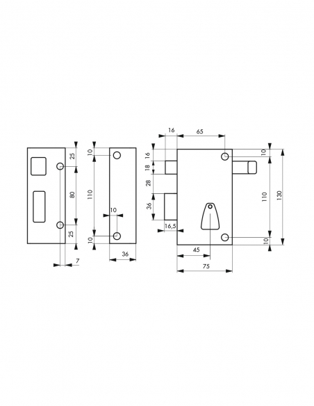 Serratura verticale da applicare 6 gole a tirante, sinistra, entrata 45 mm, quadro 7 mm, 75x130 mm, nera, 2 chiavi - THIRARD