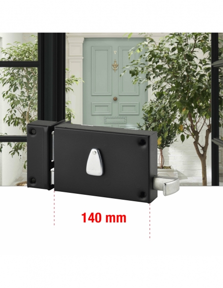 Serratura orizzontale da applicare 6 gole a tirante, sinistra, entrata 64 mm, 140x88 mm, nera, 2 chiavi - THIRARD