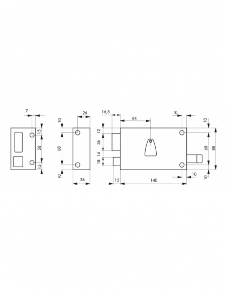 Serratura orizzontale da applicare 6 gole a tirante, sinistra, entrata 64 mm, 140x88 mm, nera, 2 chiavi - THIRARD