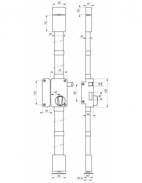 Cassa serratura da applicare Beluga a tirante per porta d’ingresso, sinistra, 3 punti, entrata 45 mm, marrone - THIRARD