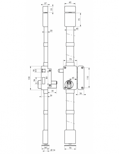 Serratura da applicare Beluga A2P* a tirante, destra, 3 punti, Transit2 30x65 mm, marrone, 4 chiavi - THIRARD