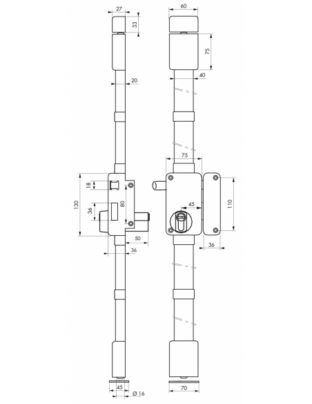 Serratura da applicare Beluga A2P* a tirante, destra, 3 punti, Transit2 30x65 mm, marrone, 4 chiavi - THIRARD