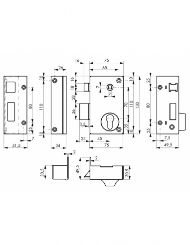 Serratura verticale da applicare doppia entrata con quadro per cancello, sinistra, 75x130 mm, entrata 45 mm, nera - THIRARD