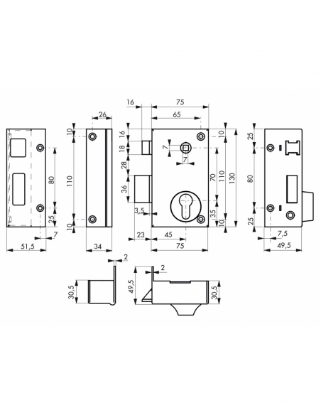 Serratura verticale da applicare doppia entrata con quadro per cancello, sinistra, 75x130 mm, entrata 45 mm, nera - THIRARD