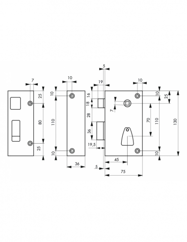 Serratura verticale da applicare con chiave e quadro per cancello, sinistra, asse 45 mm, 75x130 mm, nero, 2 chiavi – THIRARD