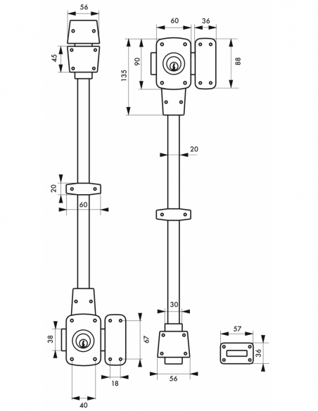 Vista aggiuntiva 3 di Coppia di chiavistelli MIRAGE 6 a doppio cilindro 45 mm, 4 punti, destra – THIRARD