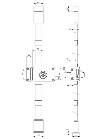 Serratura da applicare Horga a tiraggio, sinistra, 3 punti, cilindro HG5 Ø23 mm, asse 70 mm, marrone, 4 chiavi – THIRARD