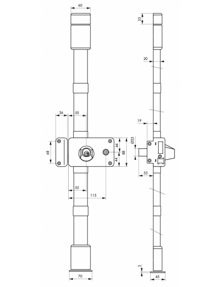 Serratura da applicare Horga a quadro, sinistra, 3 punti, cilindro HG5 Ø23 mm, asse 55 mm, bianco, 4 chiavi – THIRARD