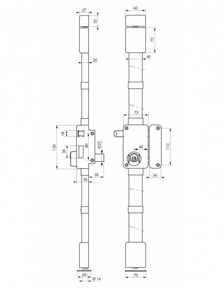 Serratura da applicare Beluga a tirare, destra, 3 punti, Ø23 mm, entrata 45 mm, marrone, 4 chiavi – THIRARD