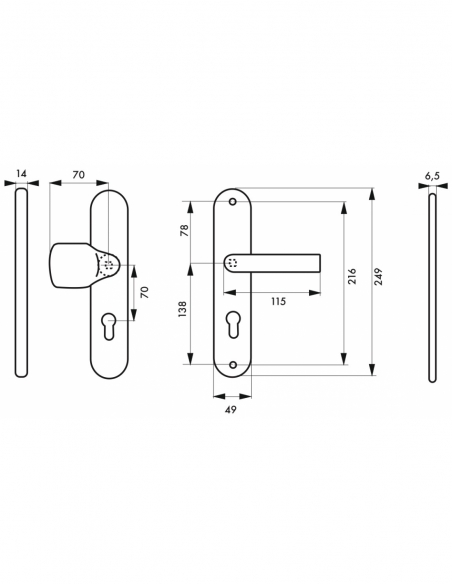 Set maniglie di sicurezza per porta d’ingresso, leva e aletta, interasse 216 mm, anodizzato argento – THIRARD