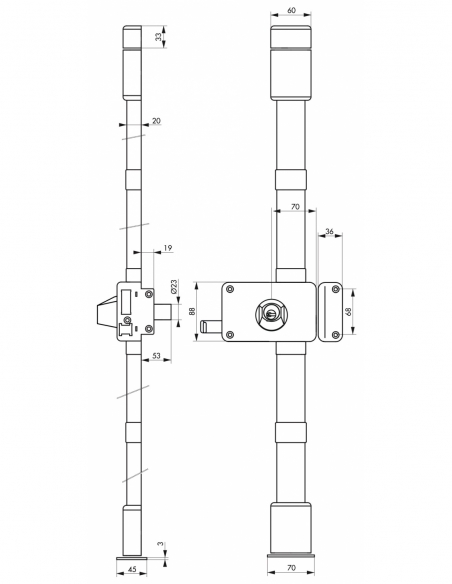 Serratura da applicare Horga a tirare, destra, 3 punti, cilindro HG5 Ø23 mm, entrata 70 mm, marrone, 4 chiavi – THIRARD