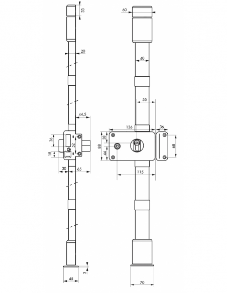 Serratura da applicare Horga A2P* con quadro, destra, 3 punti, 30x65 mm, entrata 70 mm, marrone, 4 chiavi – THIRARD