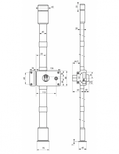 Serratura da applicare Horga A2P* con quadro, sinistra, 3 punti, 30x65 mm, entrata 70 mm, marrone, 4 chiavi – THIRARD