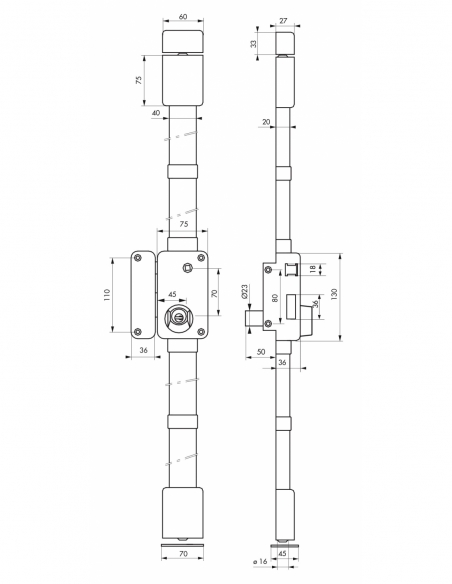 Serratura da applicare Beluga con quadro, sinistra, 3 punti, Ø23 mm, entrata 45 mm, bianca, 4 chiavi – THIRARD